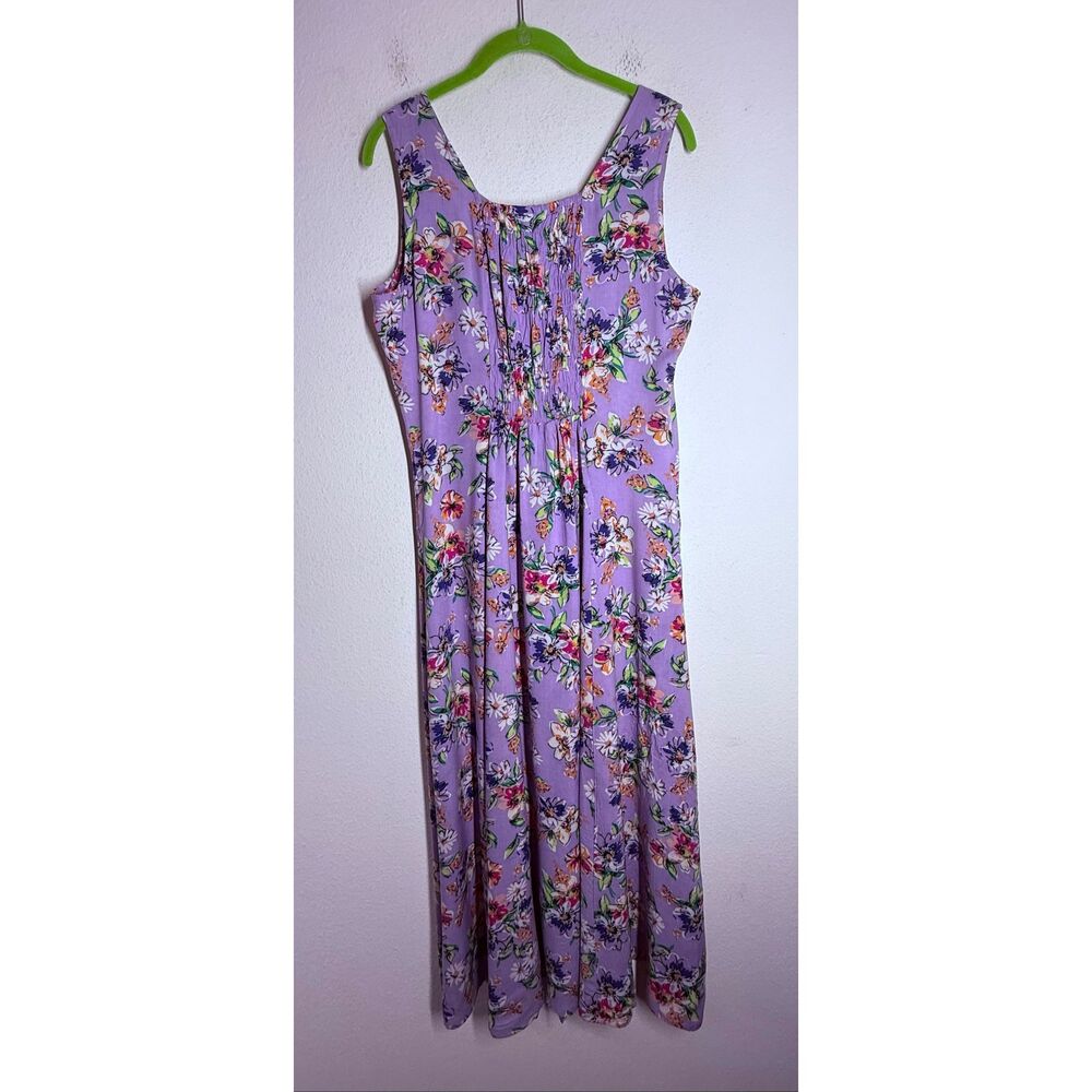Koret Floral Midi Dress Purple Rayon Sleeveless Button Front Smocked Back Medium - Picture 5 of 13